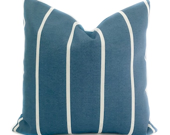Blue and White Striped Outdoor Pillow Cover: Slate Blue Cushion Case