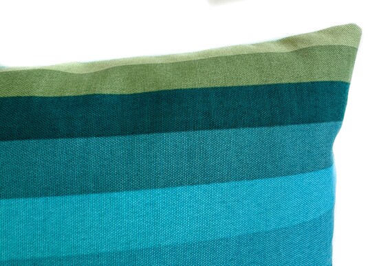 Blue Green Stripe Outdoor Lumbar Pillow Cover With Zipper, Striped