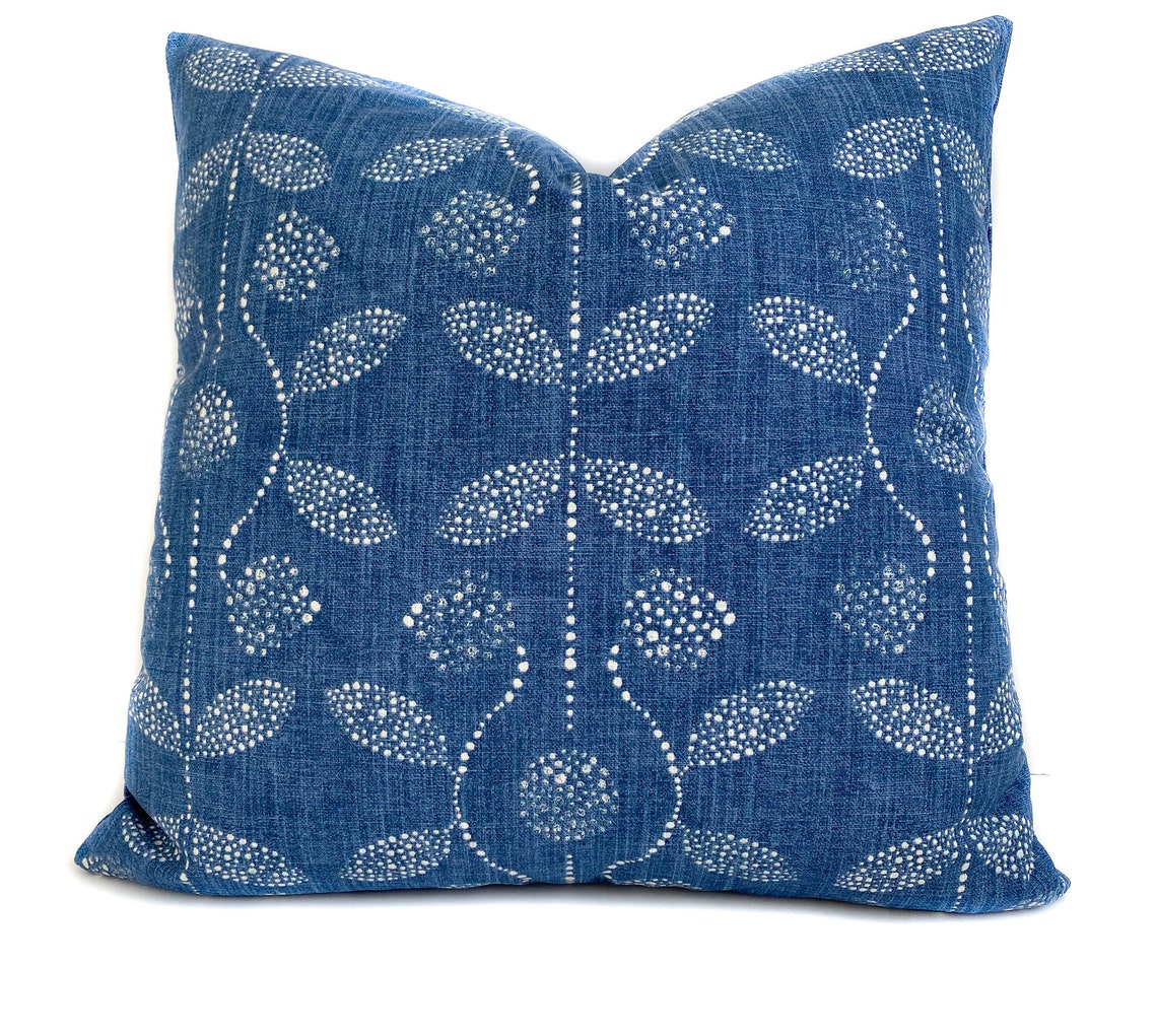 Denim blue white throw pillow cover with zipper Boho floral Etsy