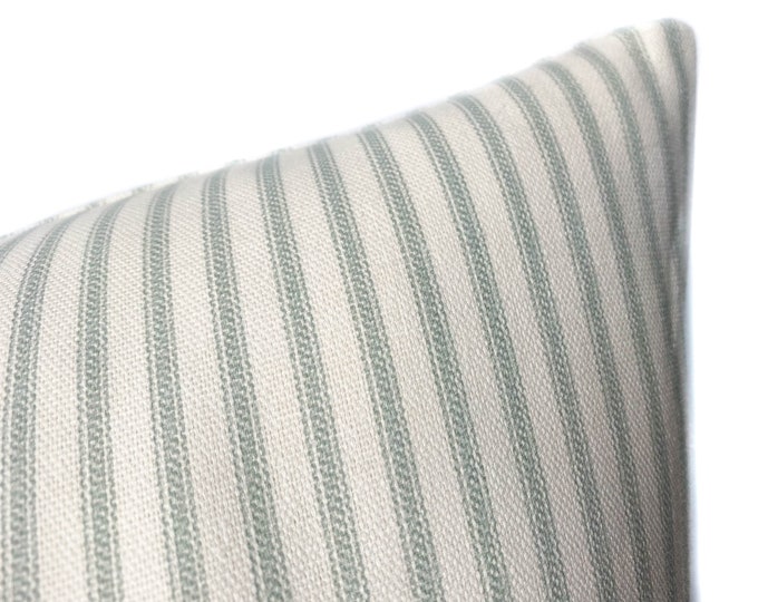 Blue Green Ticking Stripe Pillow Cover With Zipper, Striped Cushion