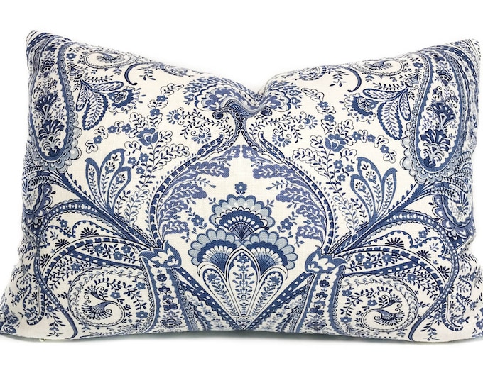 Blue White Lumbar Pillow Cover With Zipper, Paisley Cushion Case, Blue