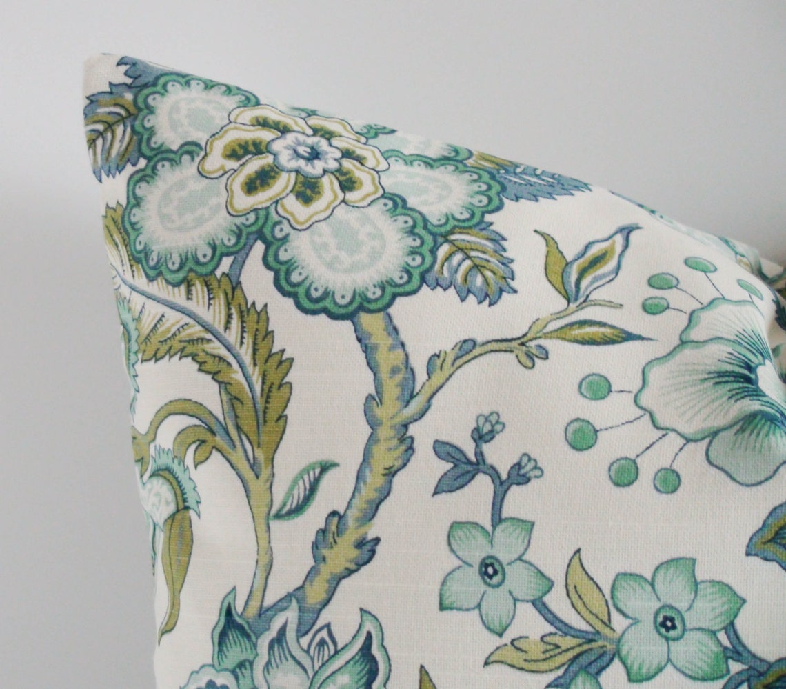 Blue Green Floral Throw Pillow Cover With Zipper Decorative Etsy