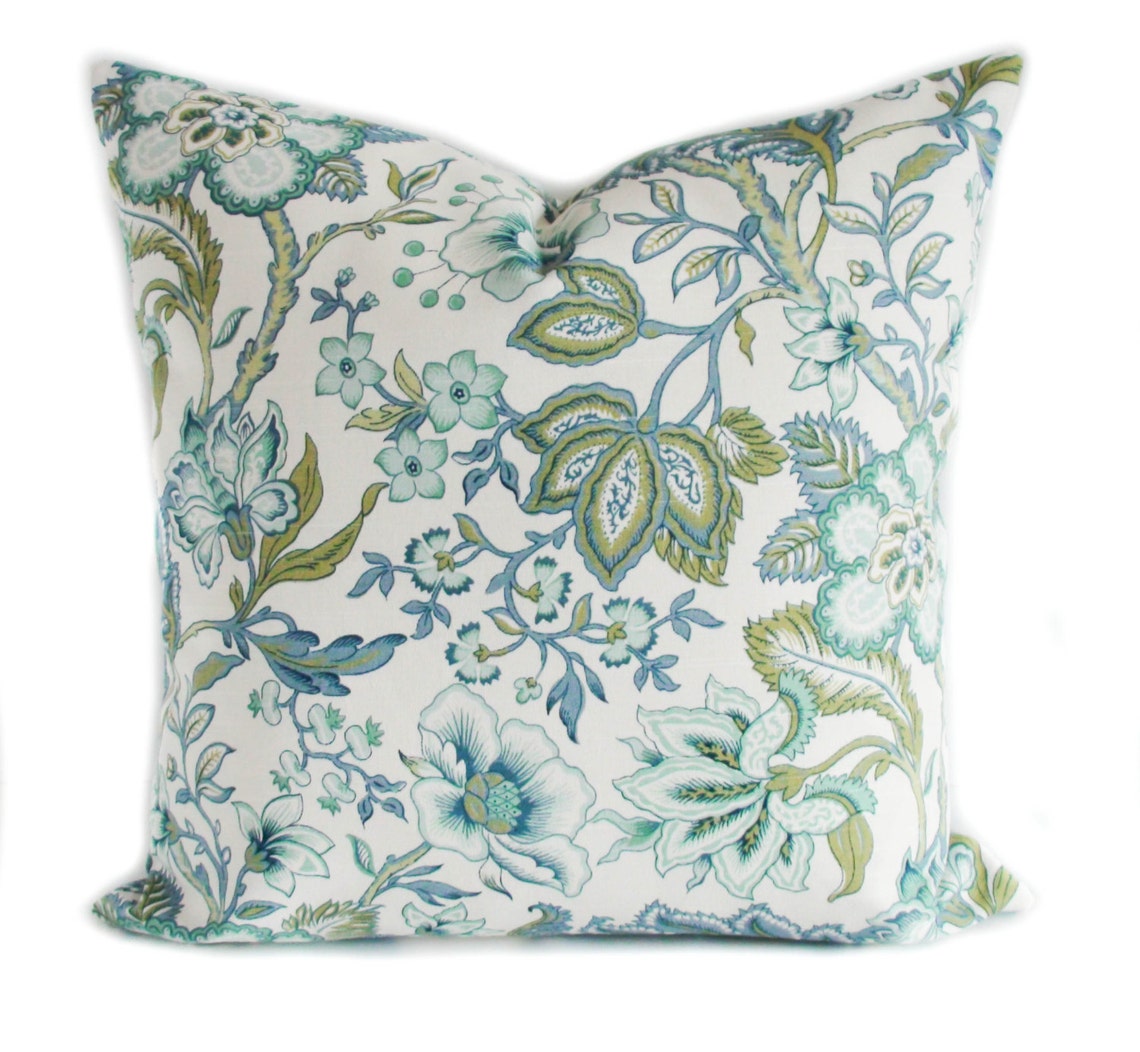 Blue Green Floral Throw Pillow Cover With Zipper Decorative Etsy