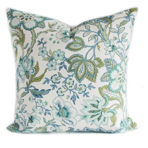 Blue green floral throw pillow cover with zipper, Decorative cushion case for sofa couch or bed, Square or lumbar, 12 sizes available