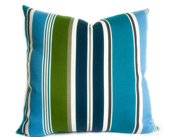 Blue Green Striped Outdoor Pillow Cover: Nautical Porch Decor