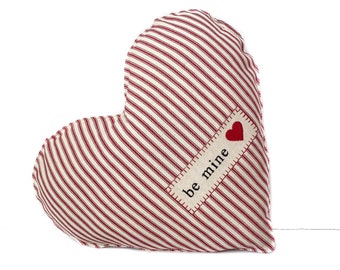 Red ticking stripe Valentine heart pillow, Be Mine Valentine heart pillow, Red ticking stripe heart pillow, Valentine gift, Ready to ship