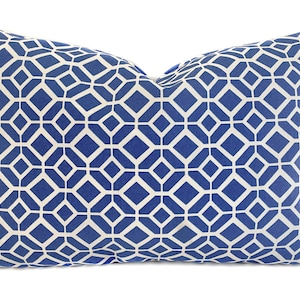Funda de almohada lumbar exterior blanca azul con cremallera, Funda de cojín exterior geométrica para porche o patio, Funda para inserto de 14x20,