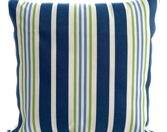 Blue green white outdoor throw pillow cover with zipper, Outdoor striped cushion case, Porch pillow, Outdoor toss pillow, 5 sizes available