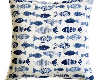 Blue white silver outdoor toss pillow cover with zipper, Outdoor fish cushion case for porch, patio, boat, lumbar pillow, 12 sizes available