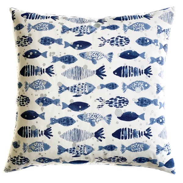 Blue white silver outdoor toss pillow cover with zipper, Outdoor fish cushion case for porch, patio, boat, lumbar pillow, 12 sizes available