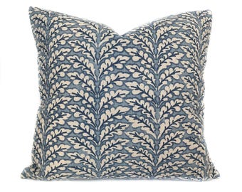 Blue flax zippered throw pillow cover, leaf cushion case, lumbar pillow, 9 sizes available