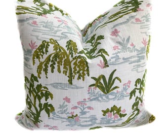 Floral Slub Cotton Throw Pillow Cover: Green, Blue, Pink Cushion Case