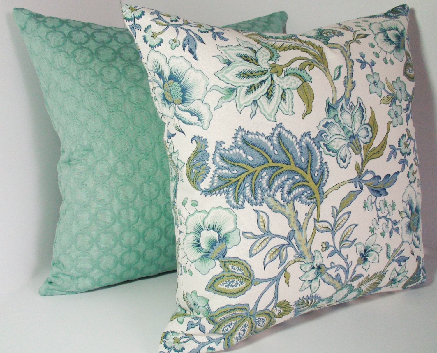 Blue Green Floral Throw Pillow Cover With Zipper Decorative Etsy