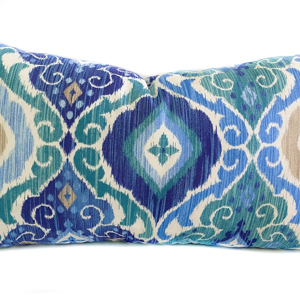 Blue outdoor lumbar pillow cover with zipper, Outdoor ikat cushion case for porch or patio, Outdoor toss pillow, Cover for 14x24 cover
