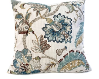 Blue brown floral decorative throw pillow cover with zipper, Designer cushion case for sofa or bed, Toss pillow, Cover for 18x18 insert