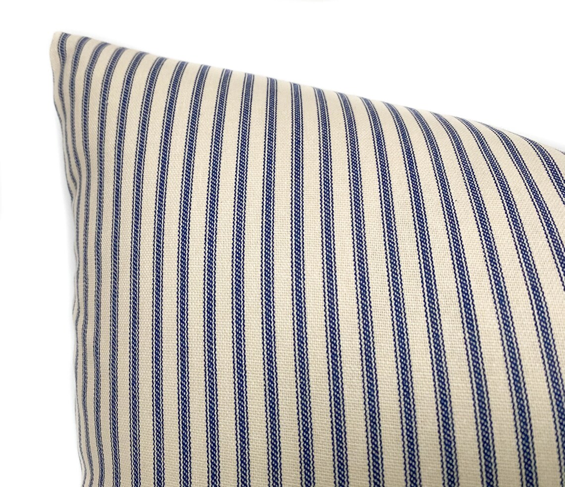 Blue Ticking Stripe Decorative Throw Pillow Cover With Zipper Etsy