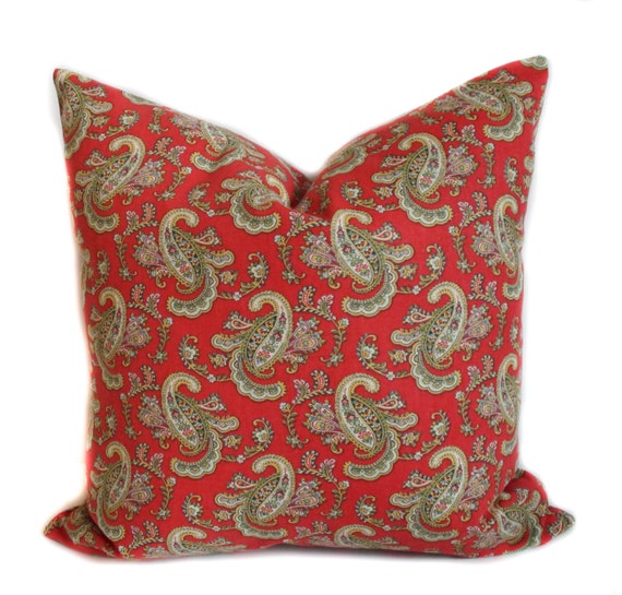Red throw pillow cover with zipper for sofa couch or bed, Paisley toss pillow, Holiday pillow, Cover for 20x20 insert.
