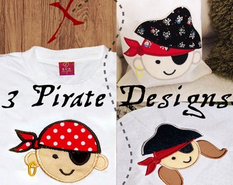 May include: Three embroidered designs of a pirate character with a red bandana, an eyepatch, and a different hat on each design. The designs are on white t-shirts. The text "3 Pirate Designs" is visible on the image.
