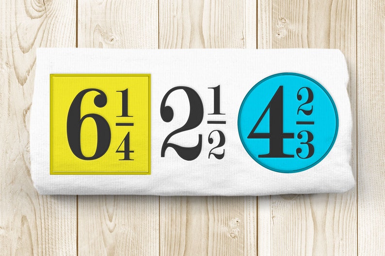 May include: A white towel with three embroidered patches. The first patch is yellow and says "6 1/4". The second patch is white and says "2 1/2". The third patch is blue and says "4 2/3".