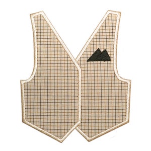 May include: A beige and brown checked waistcoat with a black felt pocket square. The waistcoat has a white outline.