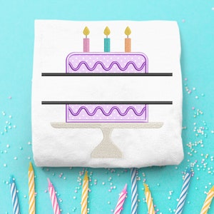 May include: A purple and white birthday cake with three candles on top. The cake is on a white cake stand. The cake is split in half with a blank space in the middle for text.