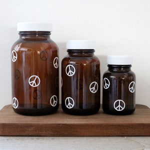 peace sign amber glass pill bottle | stash jar | pill organization | medicine cabinet | medicine label organization | vitamin | groovy
