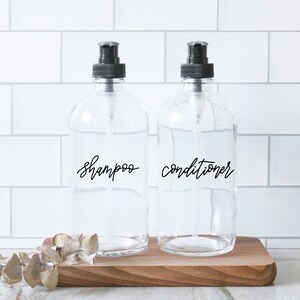 SHAMPOO + CONDITIONER | calligraphy clear soap dispenser set | farmhouse bathroom | modern bathroom | industrial bathroom | shower