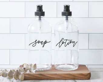 SOAP + LOTION | calligraphy clear soap dispenser set | farmhouse kitchen | modern kitchen | industrial kitchen | kitchen decor