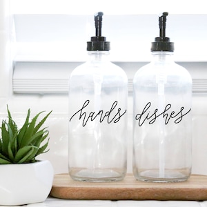 HANDS + DISHES | calligraphy clear soap dispenser set | farmhouse kitchen | modern kitchen | industrial kitchen | kitchen decor