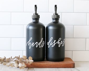 HANDS + DISHES | calligraphy black glass soap dispenser set | farmhouse kitchen | modern kitchen | industrial kitchen | kitchen decor