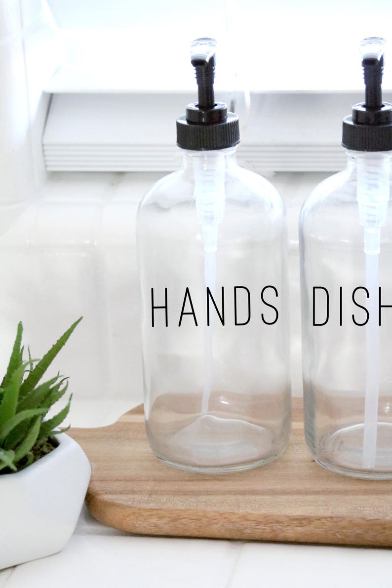 HANDS + DISHES | calligraphy clear soap dispenser set | farmhouse kitchen | modern kitchen | industrial kitchen | kitchen decor