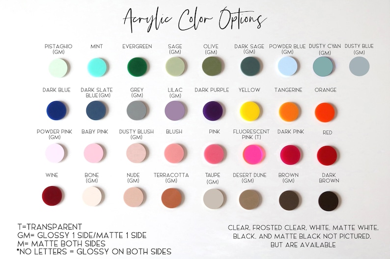 May include: A color chart displaying acrylic color options. The chart features a variety of round color samples in shades like pistachio, mint, evergreen, and dark blue. Text at the top reads "Acrylic Color Options". Additional text details the finish options.