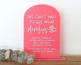acrylic arch disposable camera sign | wedding sign | wedding decor | photo | reception | acrylic | table | film | camera | capture | develop