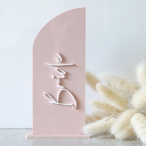 May include: A pink acrylic sign with a semi-circular top and a rectangular base. The word "Bride" is written in white cursive script. Fluffy, dried white flowers are in the background.