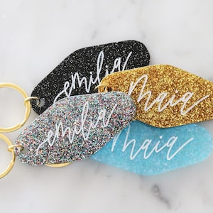 custom glitter motel keychain | colorful | sparkly | confetti | back to school | custom name | personalized | gift | backpack | key chain