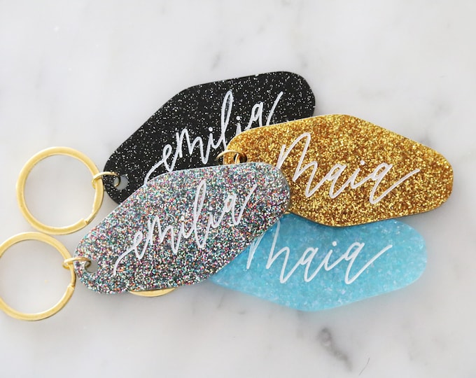 custom glitter motel keychain | colorful | sparkly | confetti | back to school | custom name | personalized | gift | backpack | key chain