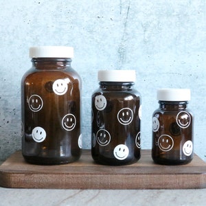 happy face amber glass pill bottle | stash jar | pill organization | medicine cabinet | medicine label organization | vitamin | container