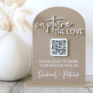 acrylic photo sharing QR code sign | acrylic wedding sign | wedding decor | arched | wedding reception | acrylic | gift table | cards | code