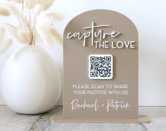 acrylic photo sharing QR code sign | acrylic wedding sign | wedding decor | arched | wedding reception | acrylic | gift table | cards | code