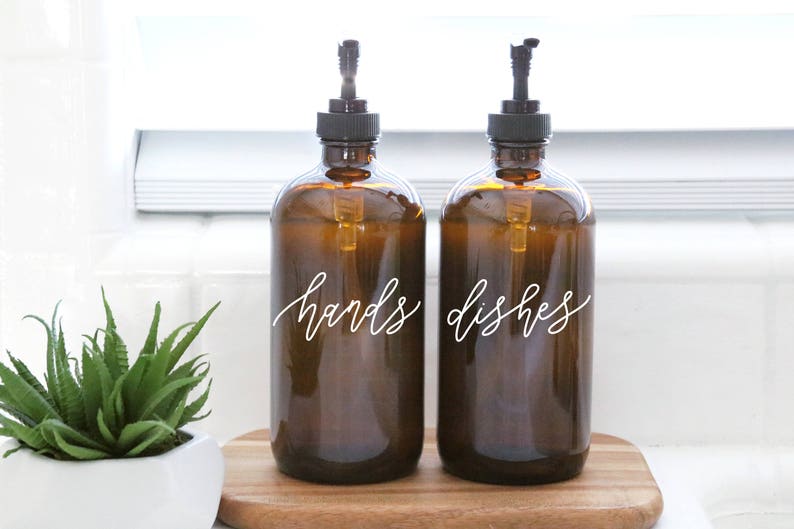 HANDS + DISHES | calligraphy amber soap dispenser set | farmhouse kitchen | modern kitchen | industrial kitchen | kitchen decor