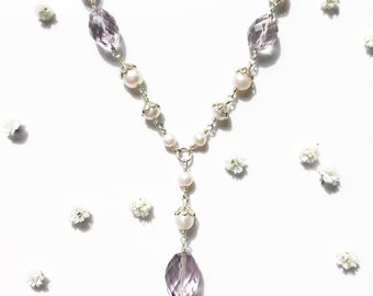 Pink amethyst necklace - Bridal necklace - Pearl bridal necklace - Pearl necklace - Bridesmaid necklace - Amethyst necklace - Rosary chain