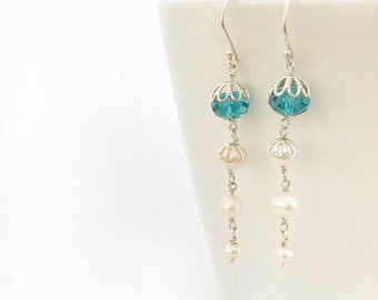 Long drop bridal earrings - Long pearl earrings - Pearl and crystal bridal earrings  - Pearl bridal earrings - Pearl drop earrings wedding