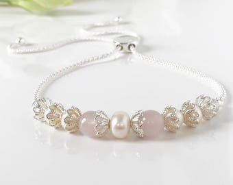 Rose quartz bracelet - Pink bridal bracelet - Pink bridesmaid bracelet - pearl wedding bracelet - Freshwater pearl bracelet - bride