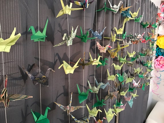 20 Strands/6 Mixed Dark Green Origami Cranes On Strings - Japanese Photo Backdrop-Wedding Backdrop- Senbazuru- Engagement Decor