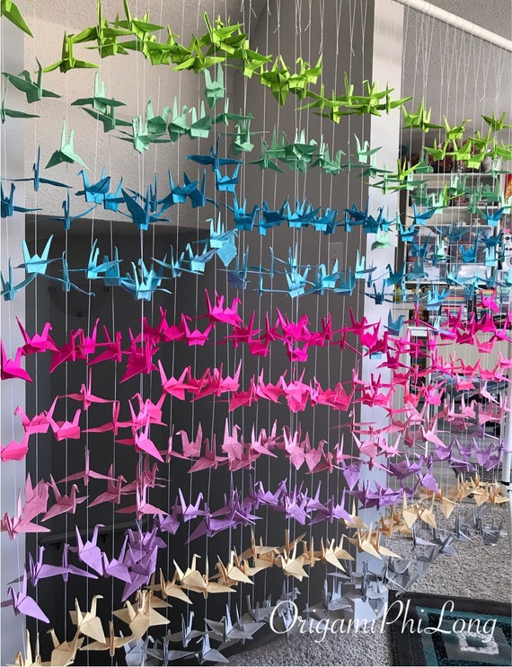 500 5.5” Origami Cranes On String - Japanese Photo Backdrop- Ombré 10 different of colours Paper Cranes Wedding Backdrop - Engagement Decor