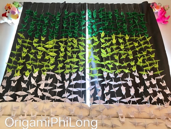 1000 5.5” Ombre White Green Origami Cranes On String - Japanese Photo Backdrop-Wedding Backdrop- Senbazuru- Engagement Decor
