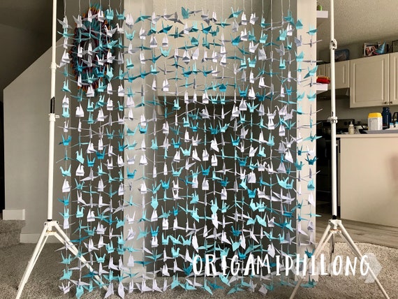 1000 5.5” Mixed Random White Blue Origami Cranes On String - Japanese Photo Backdrop-Paper Cranes Wedding Backdrop- Engagement Decor