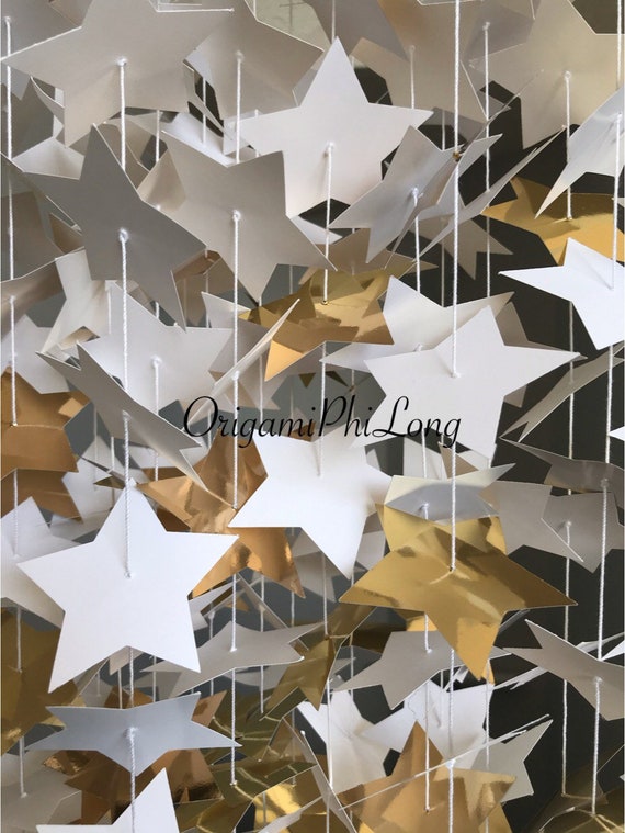 20 Strands Mix Gold White Die Cut Stars Backdrop, Paper Stars Garland, Party Decor, Birthday Party, Bridal Shower