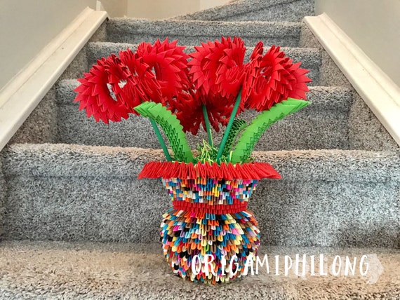 Vase and Chrysanthemum 3D Origami- Paper Flowers Origami- Handmde Art Gift- Home Decoration- Free Shipping