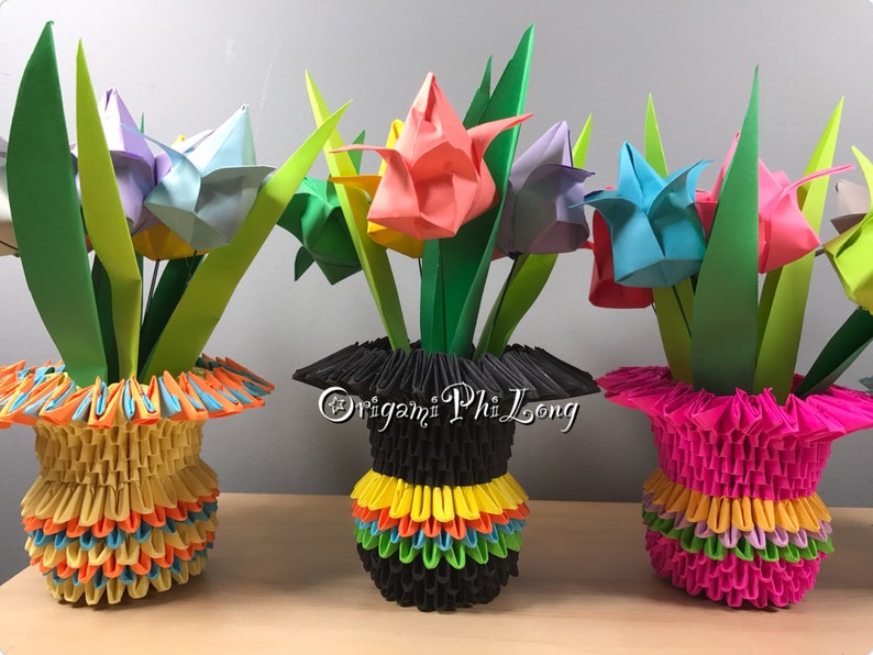 3D Origami Paper Flowers Vase Tulips Vase Home Decoration